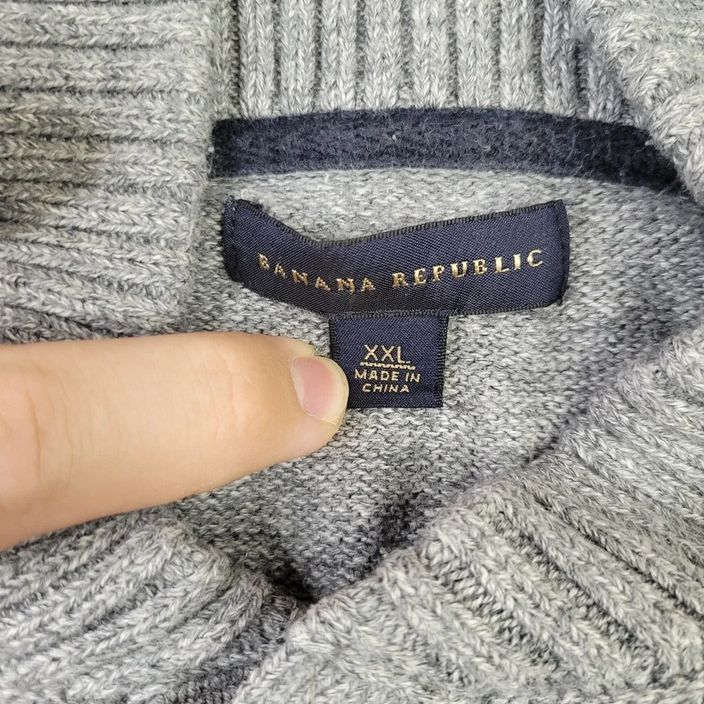 Banana Republic Sweater Mens 2XL Gray 1/4 Button Pullover Cotton Knit Pocket